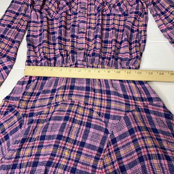 Free People Milo Pink Blue Plaid Mini Dress Button Front Size‎ XS Elastic Waist - Picture 11 of 15